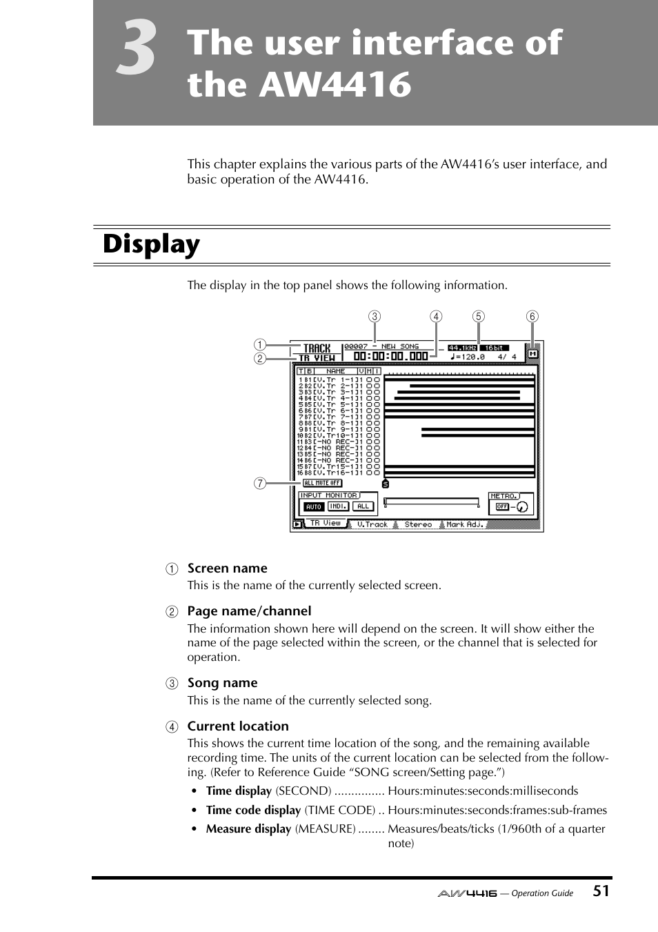 3 the user interface of the aw4416, Display, Chapter 3 | The user interface of the aw4416 | Yamaha Professional Audio Workstation AW4416 User Manual | Page 66 / 507