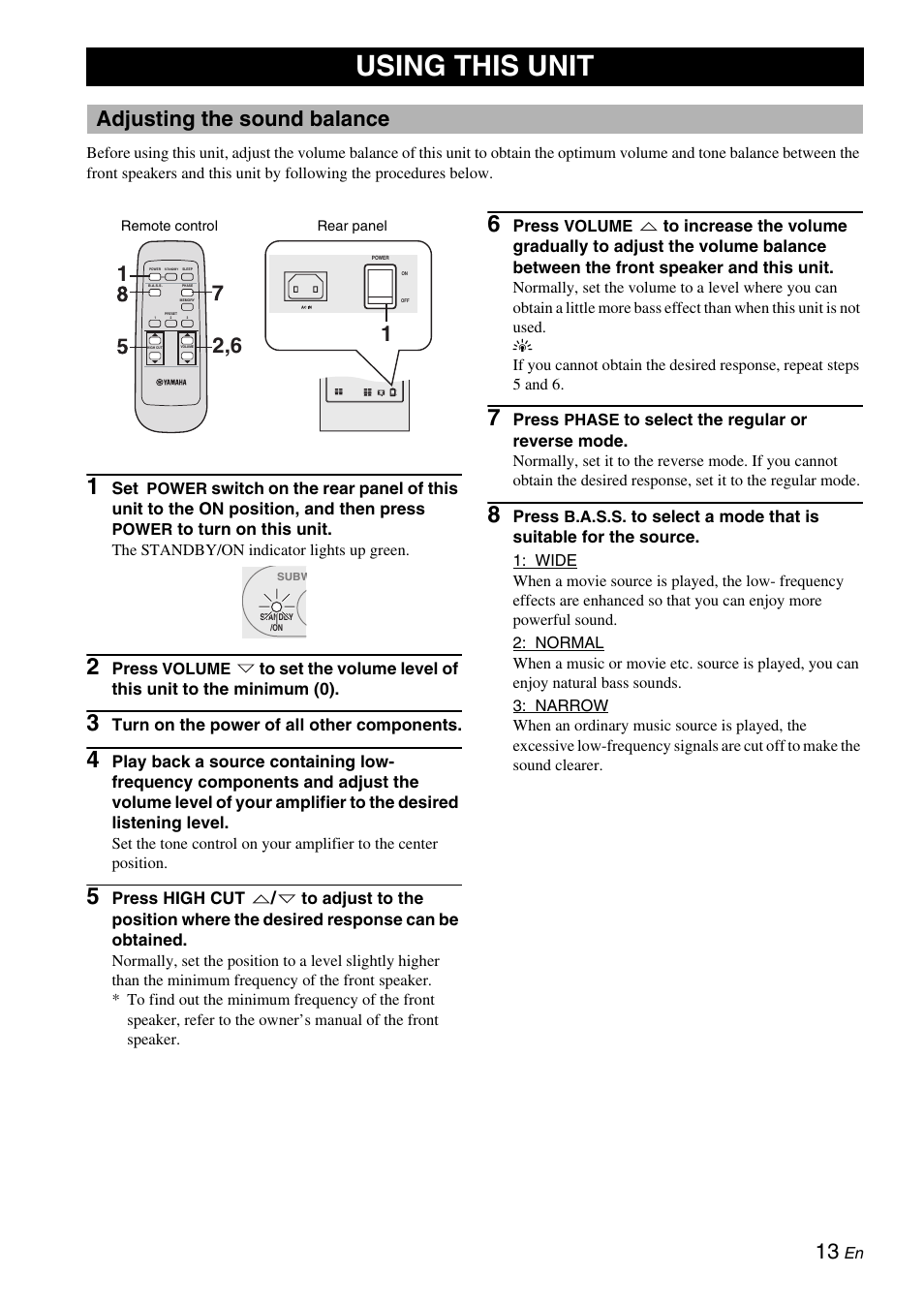 Using this unit, Adjusting the sound balance | Yamaha 900SW User Manual | Page 17 / 24