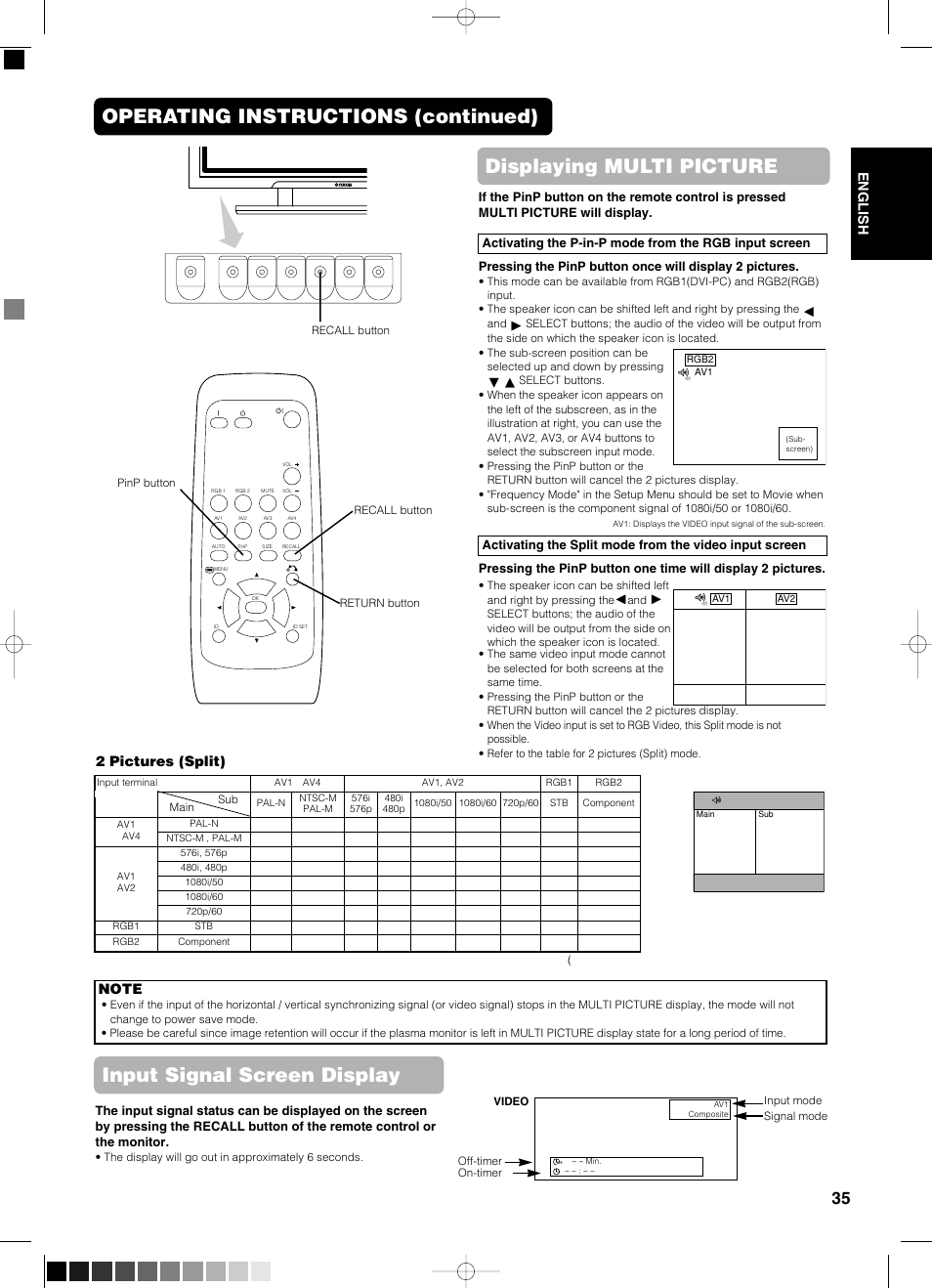 Displaying multi picture, Input signal screen display, English | 2 pictures (split) | Yamaha pdm-4210 User Manual | Page 37 / 52