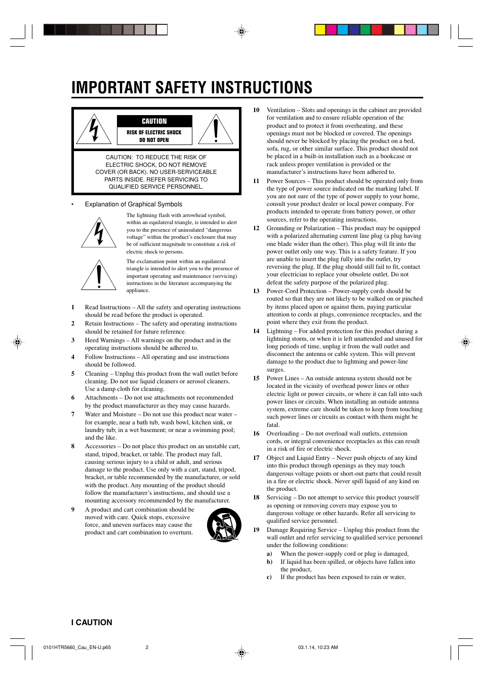 Important safety instructions, I caution | Yamaha HTR-5660 User Manual | Page 2 / 68
