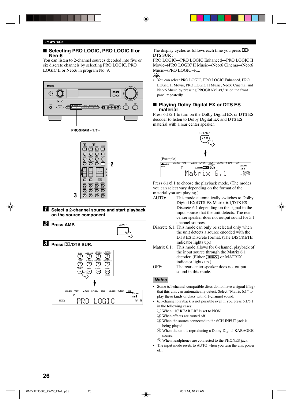 Matrix 6.1, Pro logic, Playing dolby digital ex or dts es material | Selecting pro logic, pro logic ii or neo:6, Press amp, Press q /dts sur, Set menu next, Example) | Yamaha HTR-5660 User Manual | Page 30 / 68