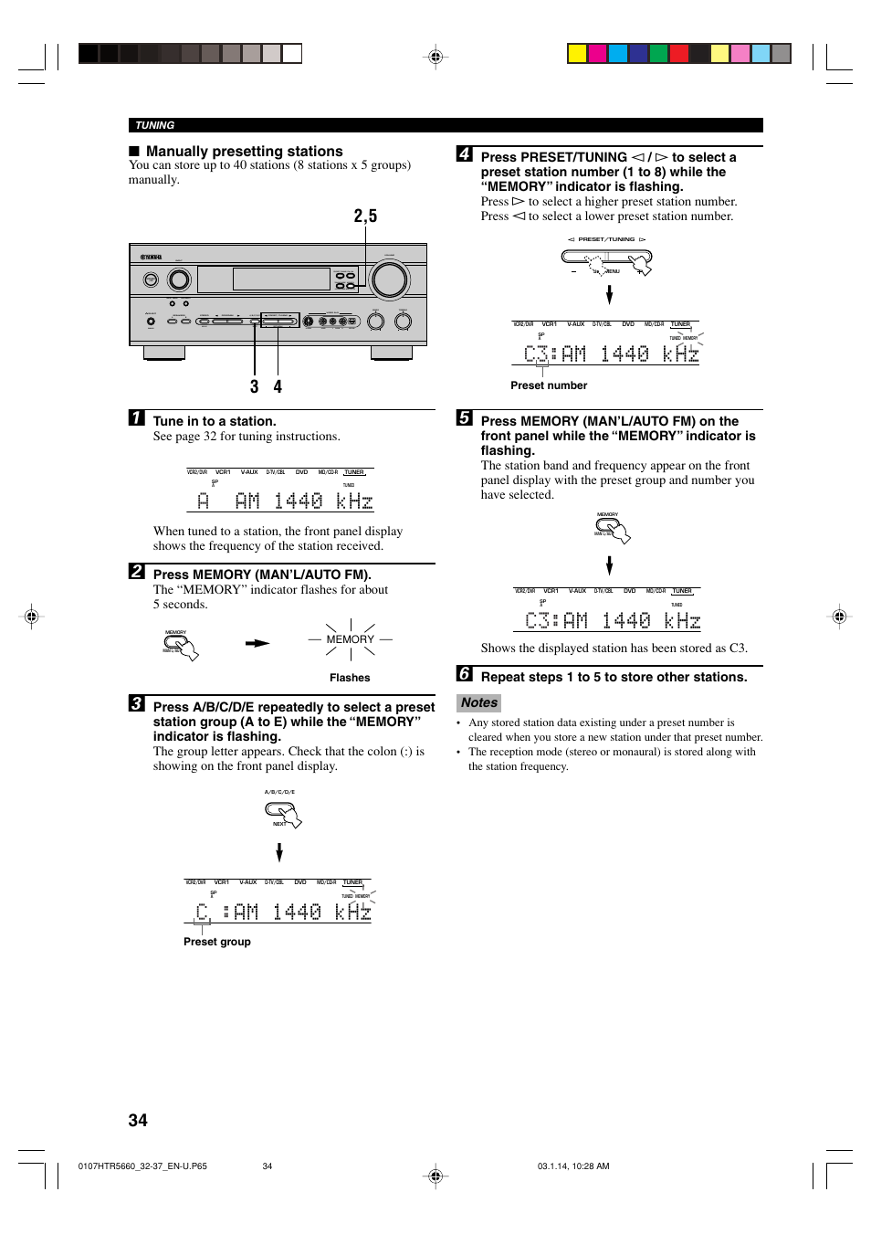 C : am 1440 khz, Aam 1440 khz, Manually presetting stations | Yamaha HTR-5660 User Manual | Page 38 / 68