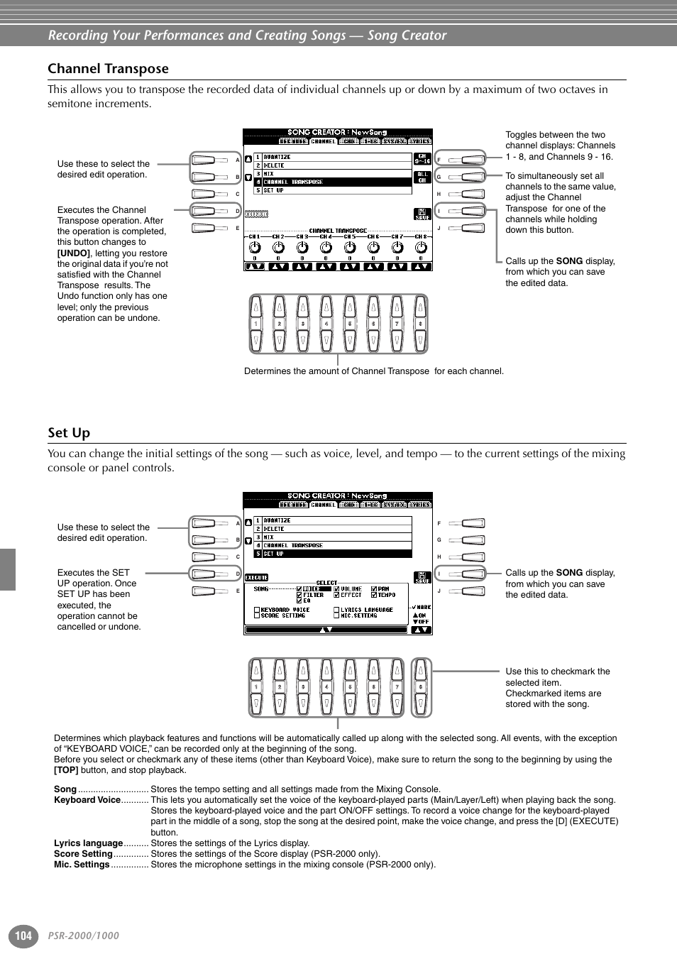 Channel transpose, Set up | Yamaha PORTATONE PSR-1000 User Manual | Page 104 / 172