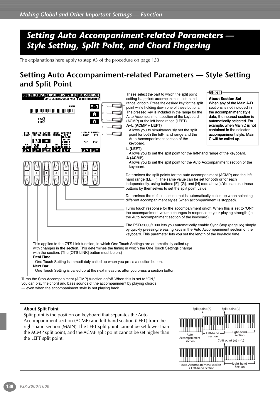 Setting auto accompaniment-related parameters, Style setting, split point, and chord fingering, Style setting and split point | Yamaha PORTATONE PSR-1000 User Manual | Page 138 / 172