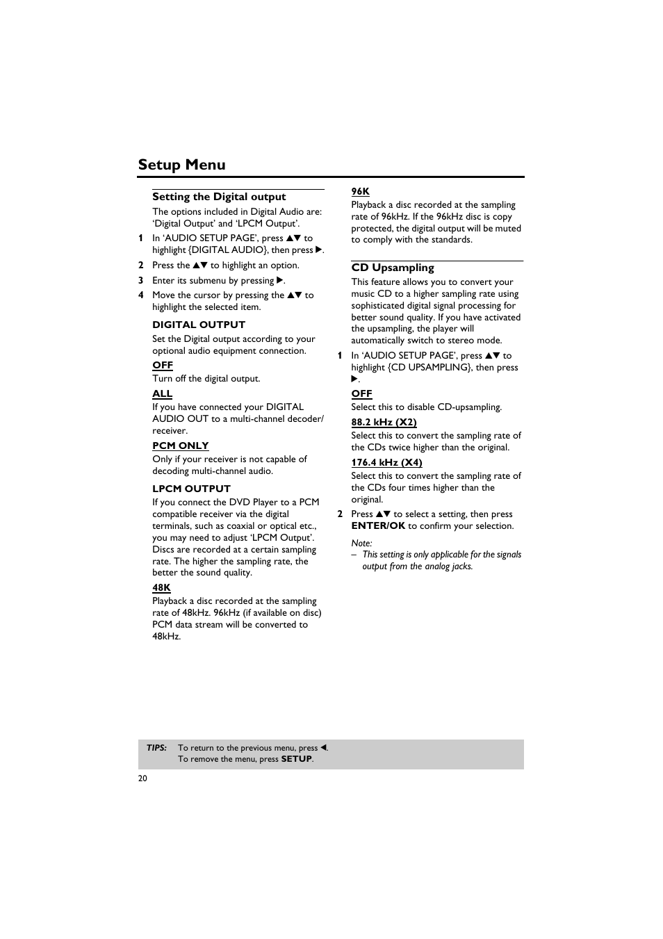 Setting the digital output cd upsampling, Setup menu | Yamaha DV-S5750 User Manual | Page 24 / 36