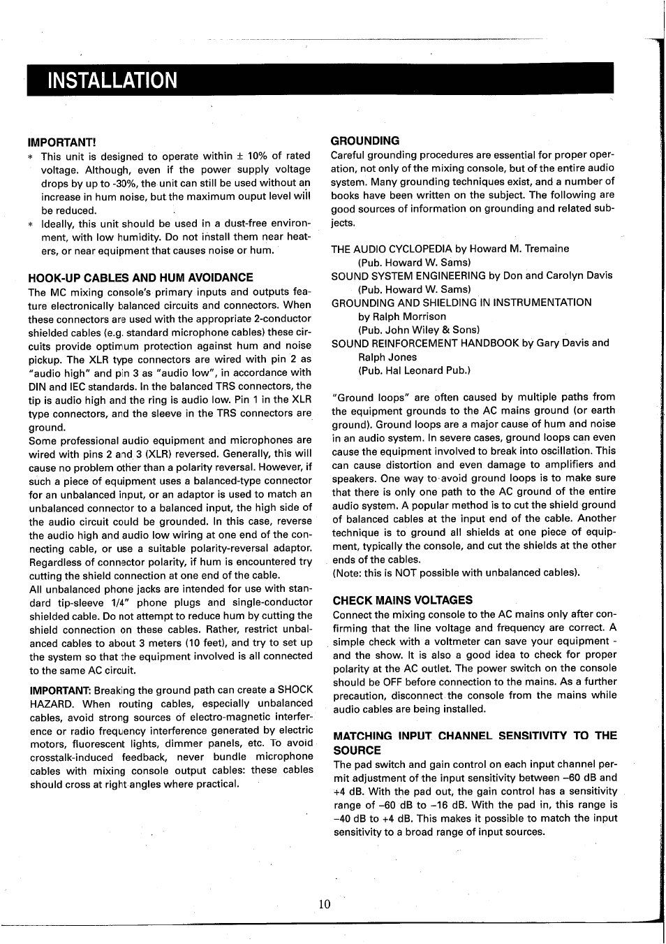 Important, Hook-up cables and hum avoidance, Grounding | Check mains voltages, Matching input channel sensitivity to the source, Installation | Yamaha MC2410M User Manual | Page 12 / 58