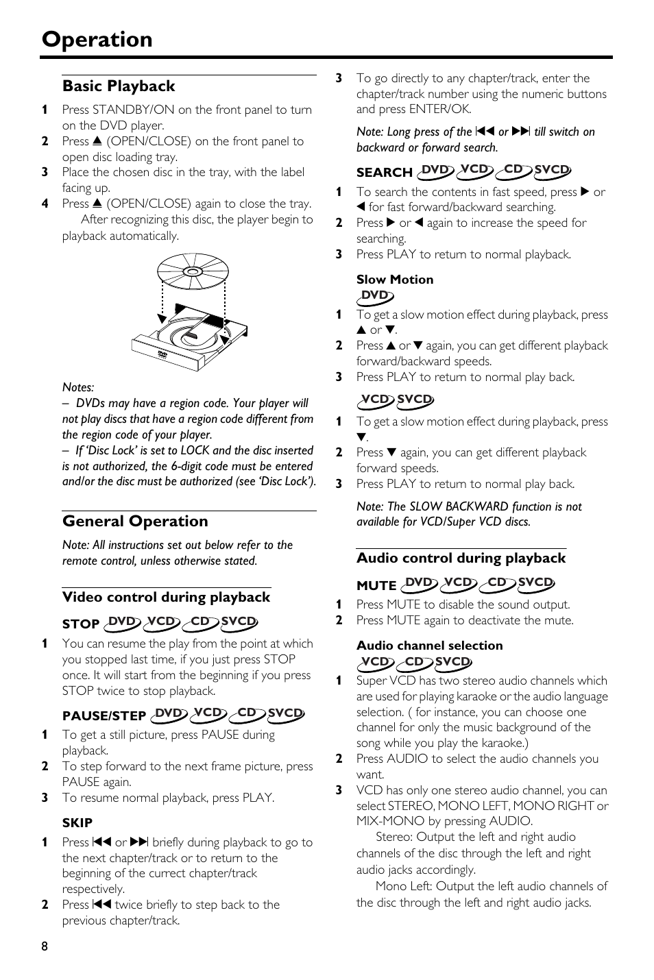 Operation, Basic playback, General operation | Video control during playback, Audio control during playback, Basic playback general operation | Yamaha DV-S5650 User Manual | Page 12 / 30