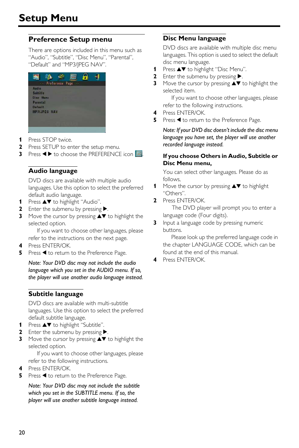 Preference setup menu, Audio language, Subtitle language | Disc menu language, Setup menu | Yamaha DV-S5650 User Manual | Page 24 / 30