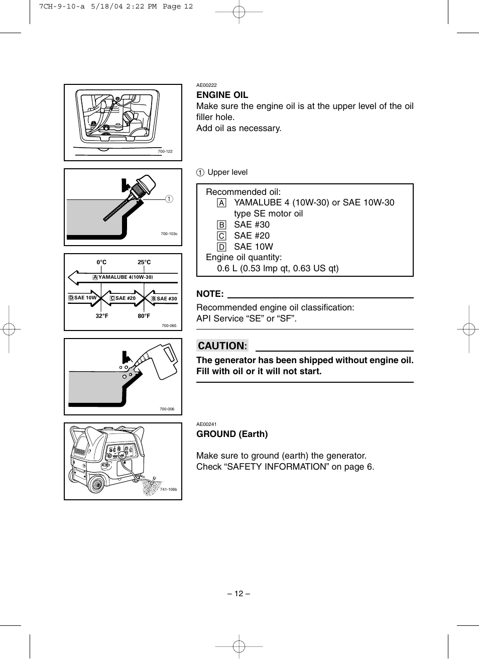 Engine oil, Ground (earth) | Yamaha EF3000iSE User Manual | Page 17 / 47