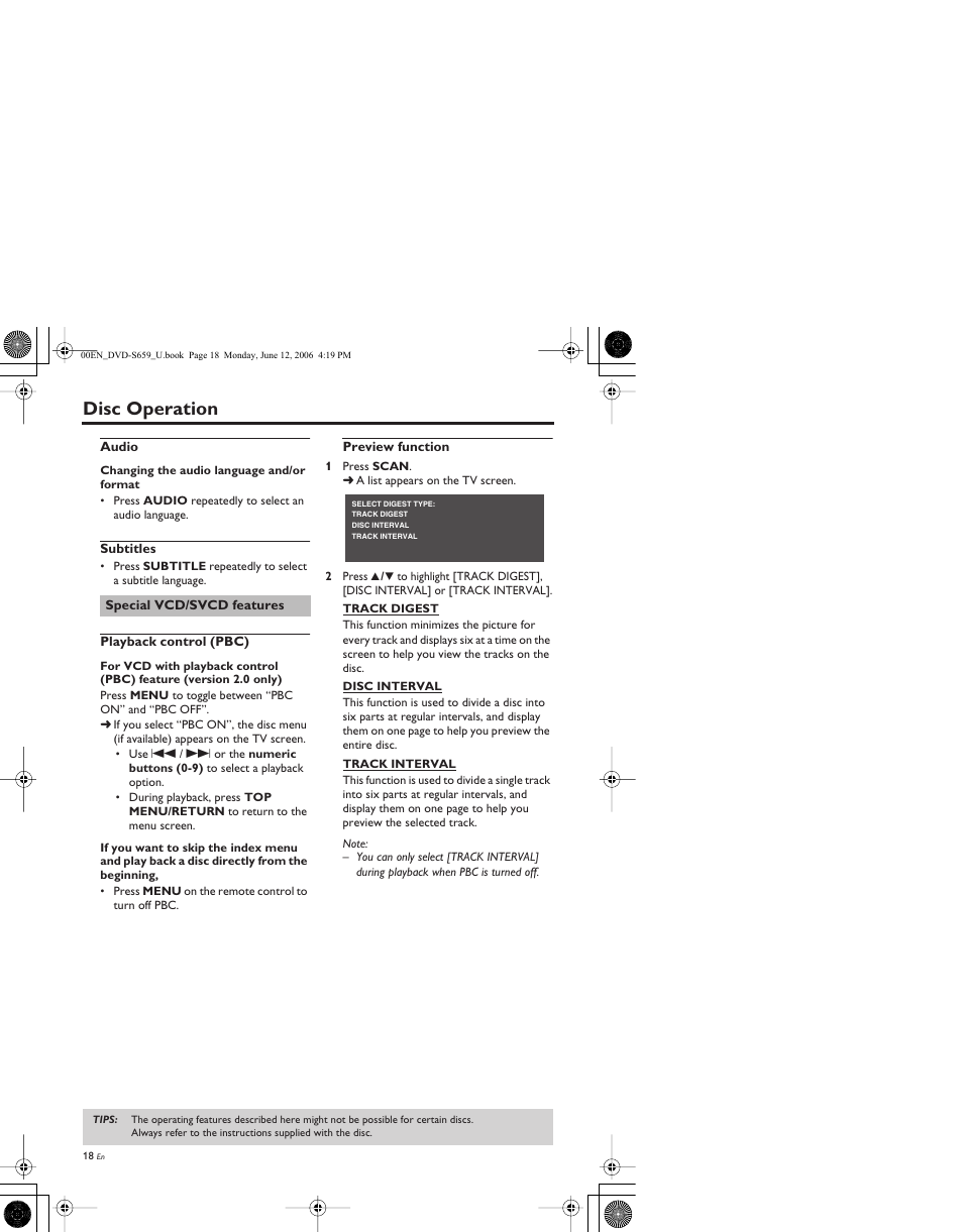 Audio, Subtitles, Special vcd/svcd features | Playback control (pbc), Preview function, Disc operation | Yamaha DVD-S659BL User Manual | Page 22 / 47