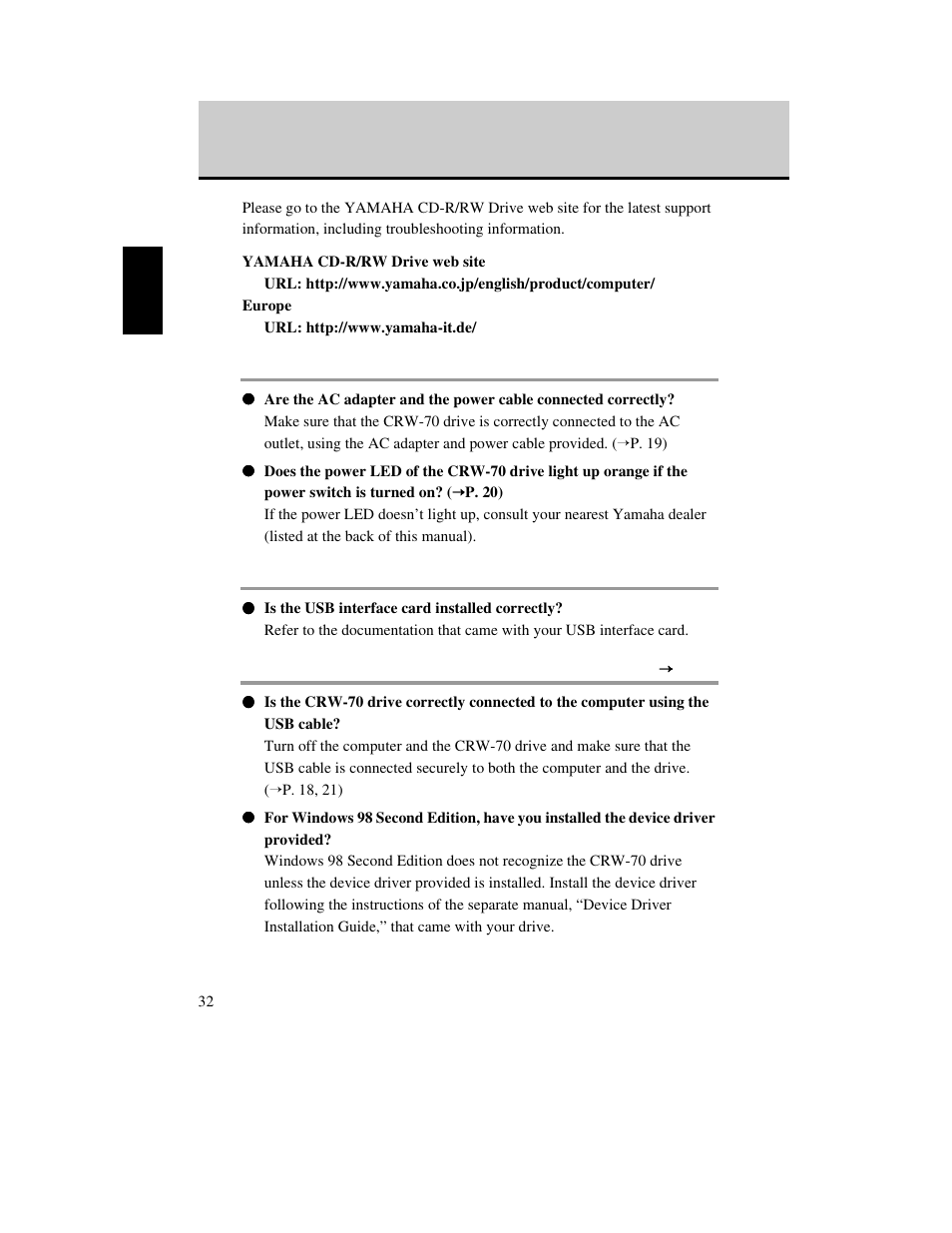 Troubleshooting | Yamaha CD Recordable/Rewritable Drive CRW-70 User Manual | Page 41 / 61