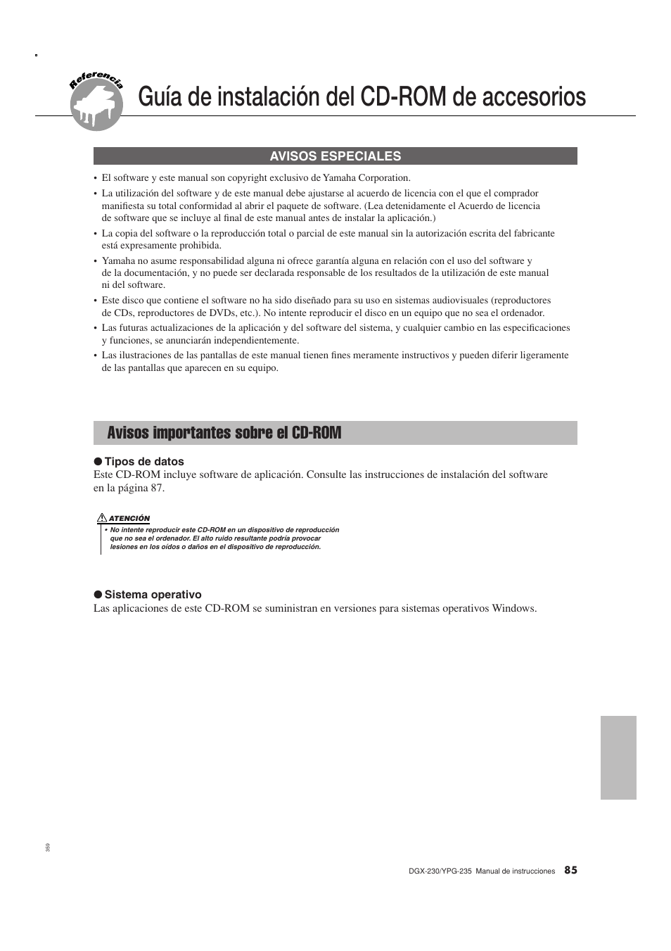Guía de instalación del cd-rom de accesorios, Avisos importantes sobre el cd-rom, Avisos especiales | Yamaha DGX-230 User Manual | Page 85 / 128