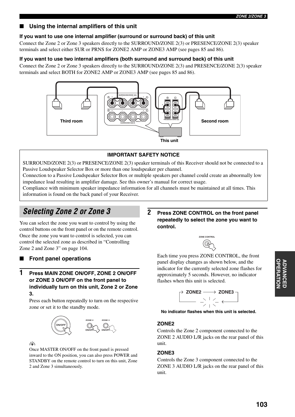 Selecting zone 2 or zone 3, Using the internal amplifiers of this unit, Front panel operations | Yamaha HTR-5990 User Manual | Page 107 / 128