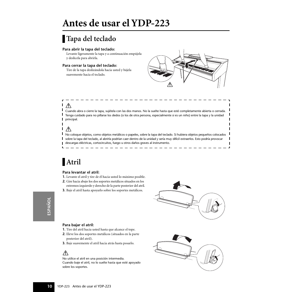 Antes de usar el ydp-223, Tapa del teclado, Atril | Tapa del teclado atril | Yamaha Digital piano YDP-223 User Manual | Page 10 / 72