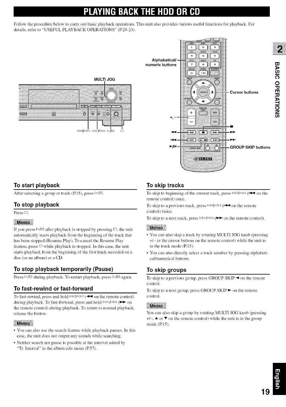 Playing bäck the hdd or cd, To start playback, To stop playback | To stop playback temporarily (pause), To fast-rewind or fast-forward, To skip groups, Playing back the hdd or cd | Yamaha CDR-HD1500 User Manual | Page 25 / 90