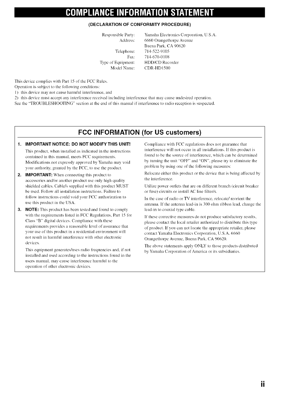 Compliance information statement, Declaration of conformity procedure), Important notice: do not modify this unit | Fcc information (for us customers) | Yamaha CDR-HD1500 User Manual | Page 3 / 90