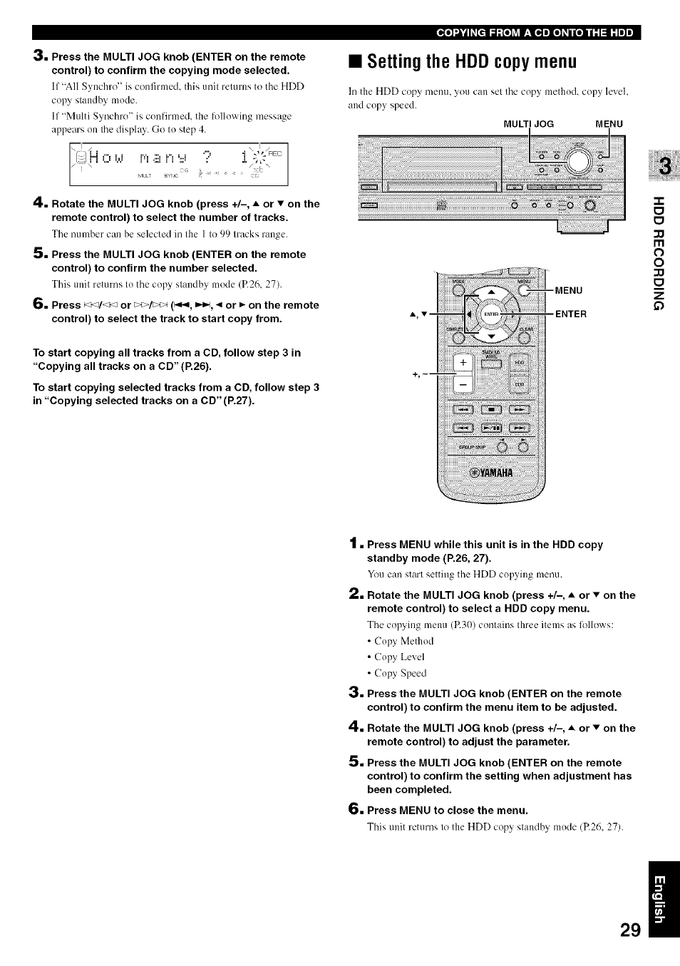 Setting the hdd copy menu, Selling the hdd copy menu, Oo g | Yamaha CDR-HD1500 User Manual | Page 35 / 90