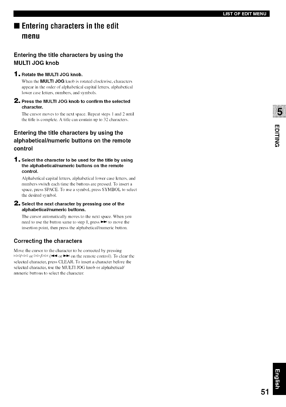 List of edit menu, Entering characters in the edit menu, Rotate the multi jog knob | Correcting the characters | Yamaha CDR-HD1500 User Manual | Page 57 / 90