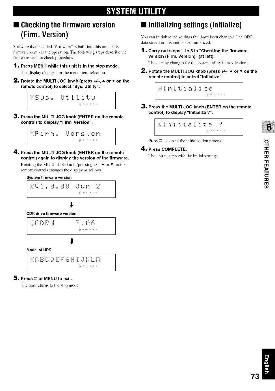 System utility, Checking the firmware version (firm. version), Initializing settings (initialize) | Yamaha CDR-HD1500 User Manual | Page 79 / 90