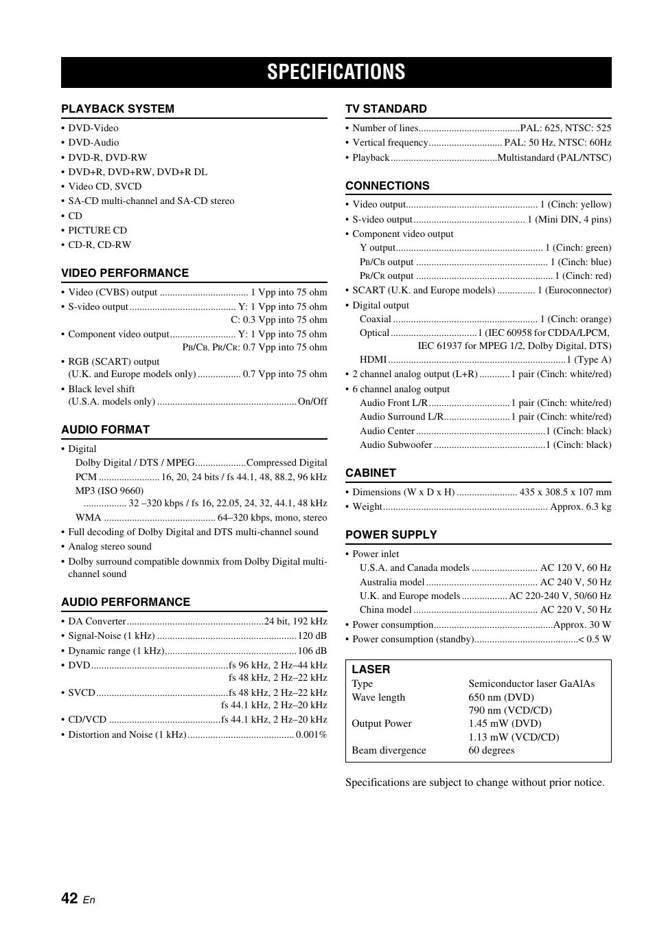 Specifications | Yamaha DVD-S2700B User Manual | Page 44 / 44