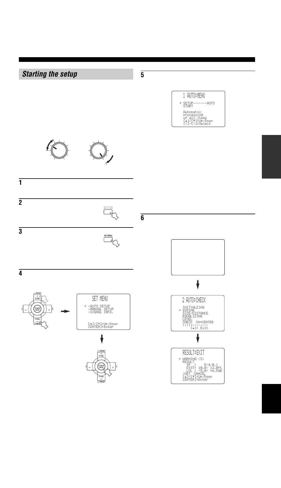 Starting the setup, Set menu, 1 auto:menu | Result:exit 2 auto:check | Yamaha RX-V757 User Manual | Page 27 / 97