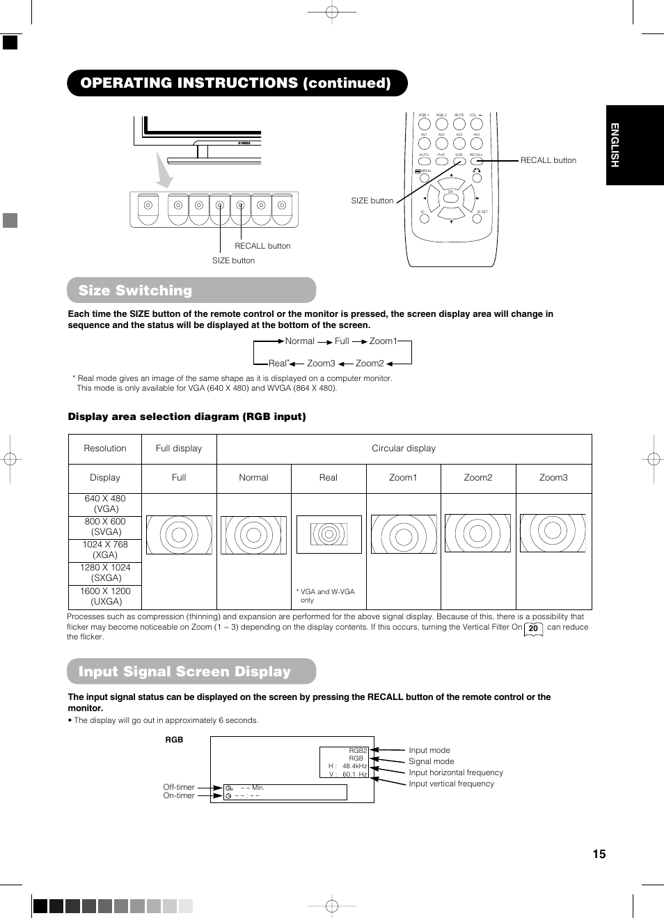 Size switching, Input signal screen display, Operating instructions (continued) | Yamaha PDM-4210E User Manual | Page 16 / 58