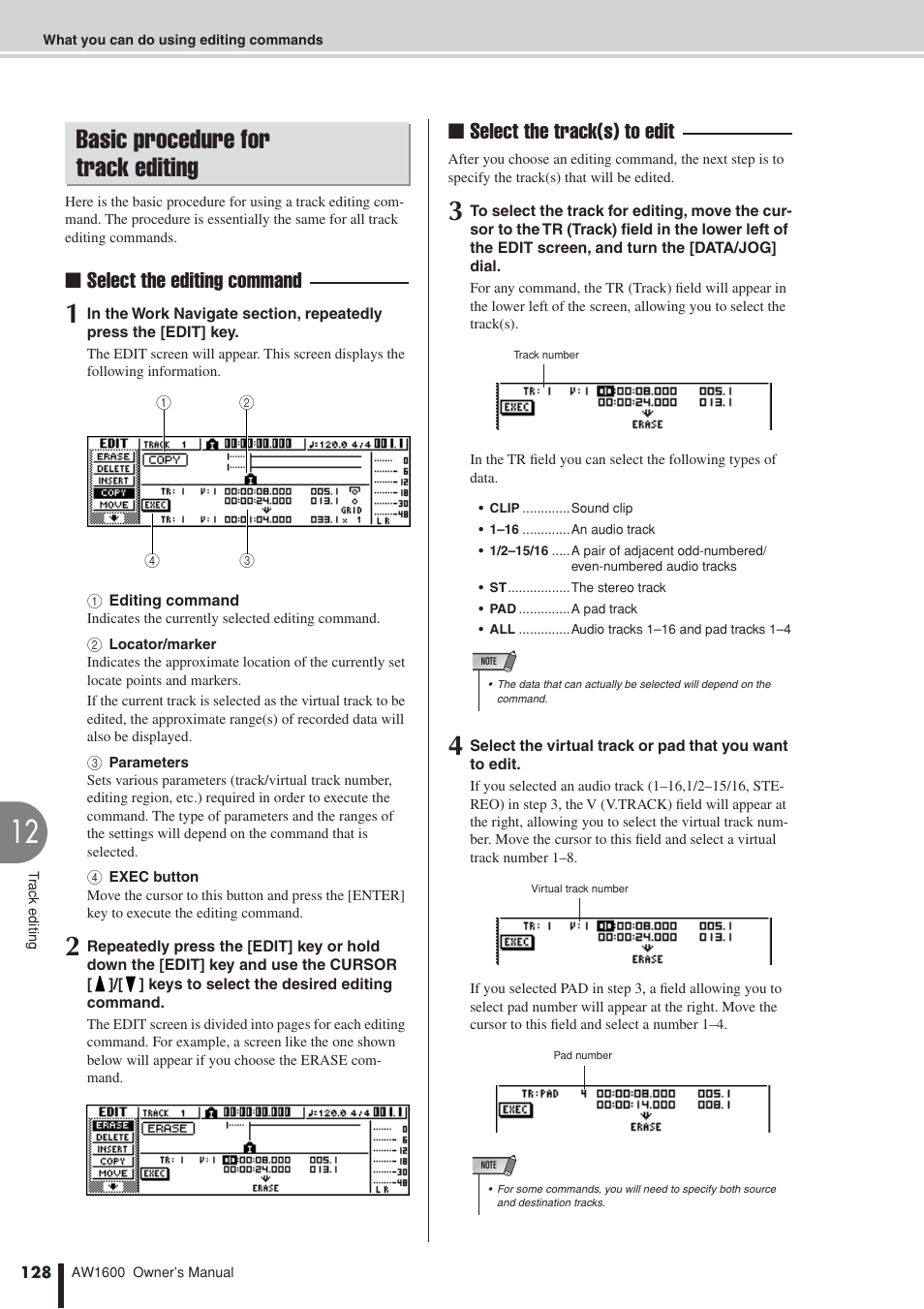 Basic procedure for track editing, Select the editing command, Select the track(s) to edit | Yamaha AW1600 User Manual | Page 128 / 232