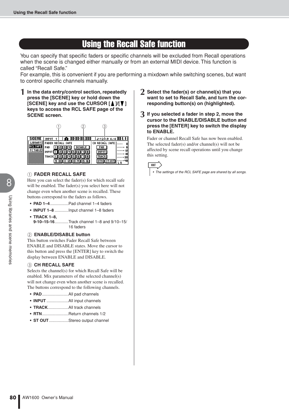 Using the recall safe function, P. 80) | Yamaha AW1600 User Manual | Page 80 / 232