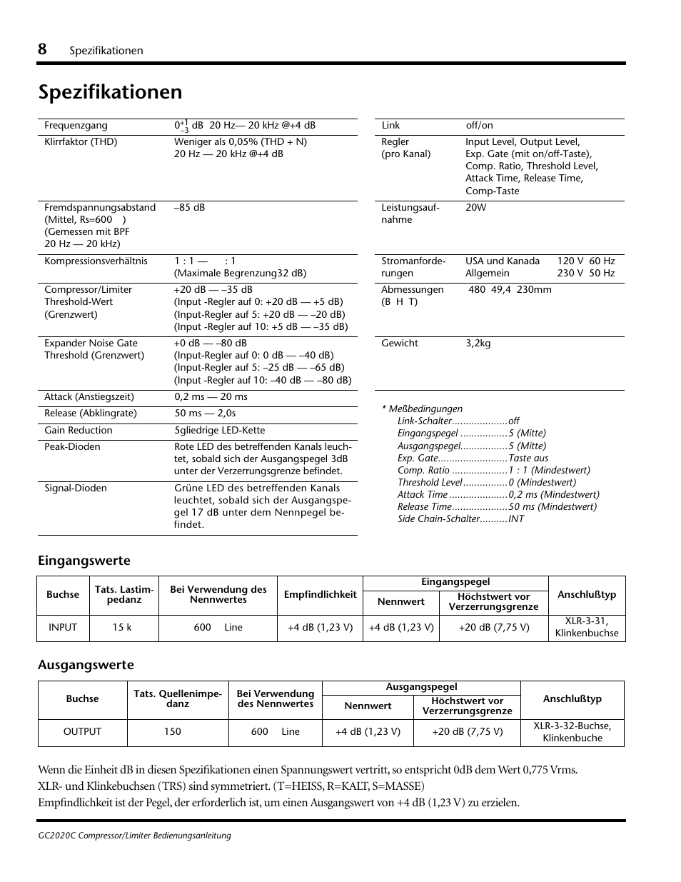 Spezifikationen, Eingangswerte ausgangswerte | Yamaha GC2020C User Manual | Page 35 / 50