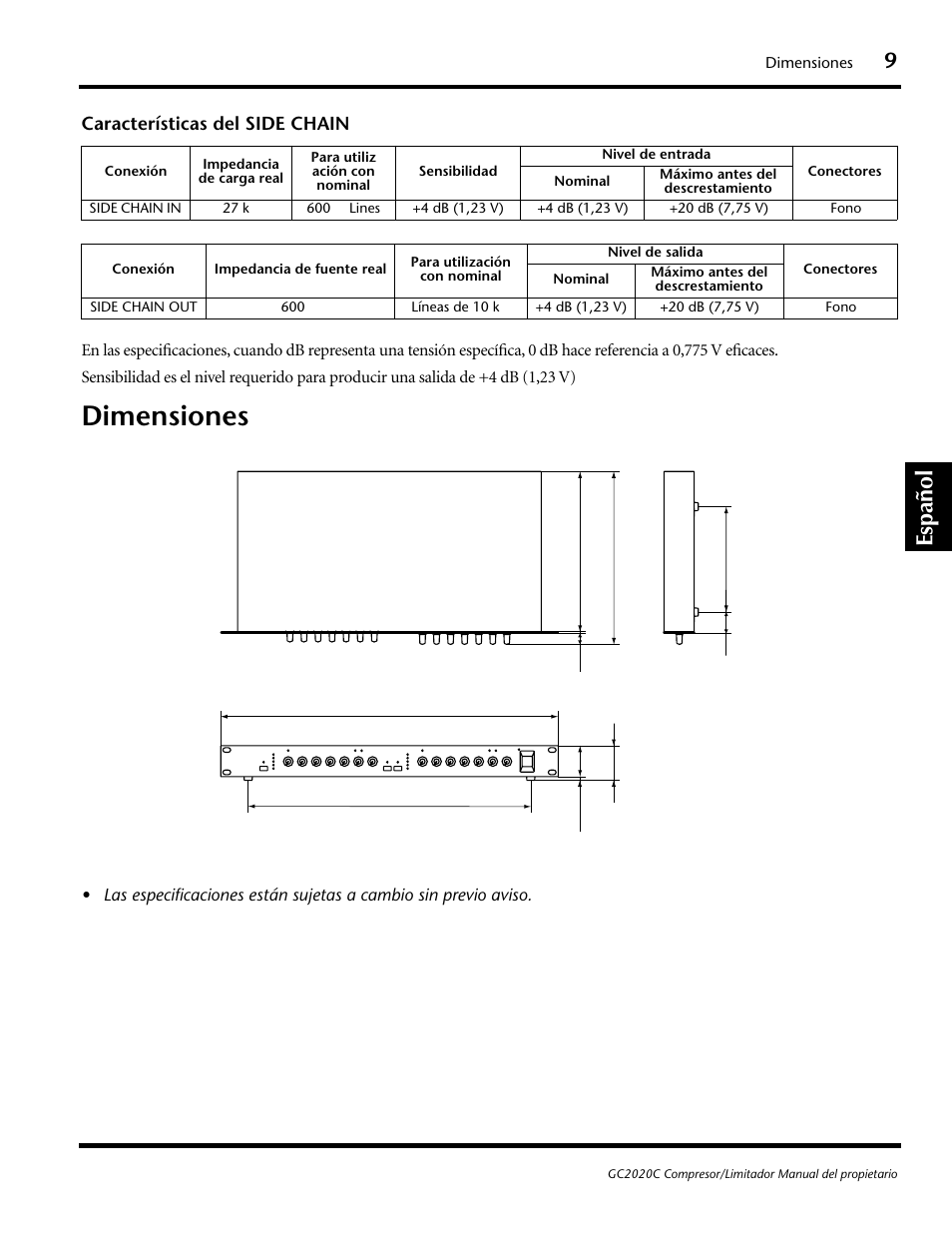 Dimensiones, Español, Características del side chain | Yamaha GC2020C User Manual | Page 48 / 50