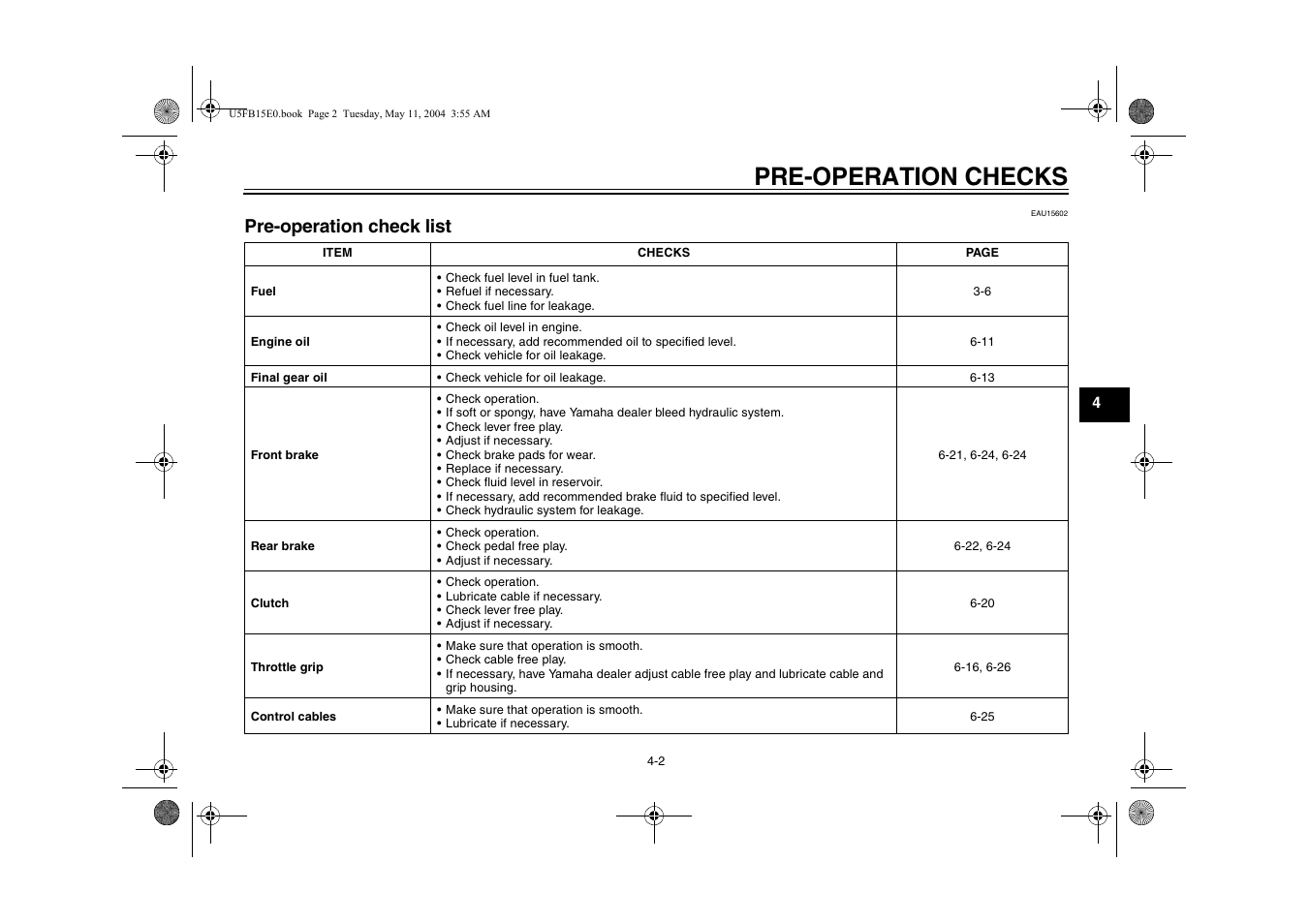 Pre-operation check list, Pre-operation checks | Yamaha XVS650ATT(C User Manual | Page 37 / 101