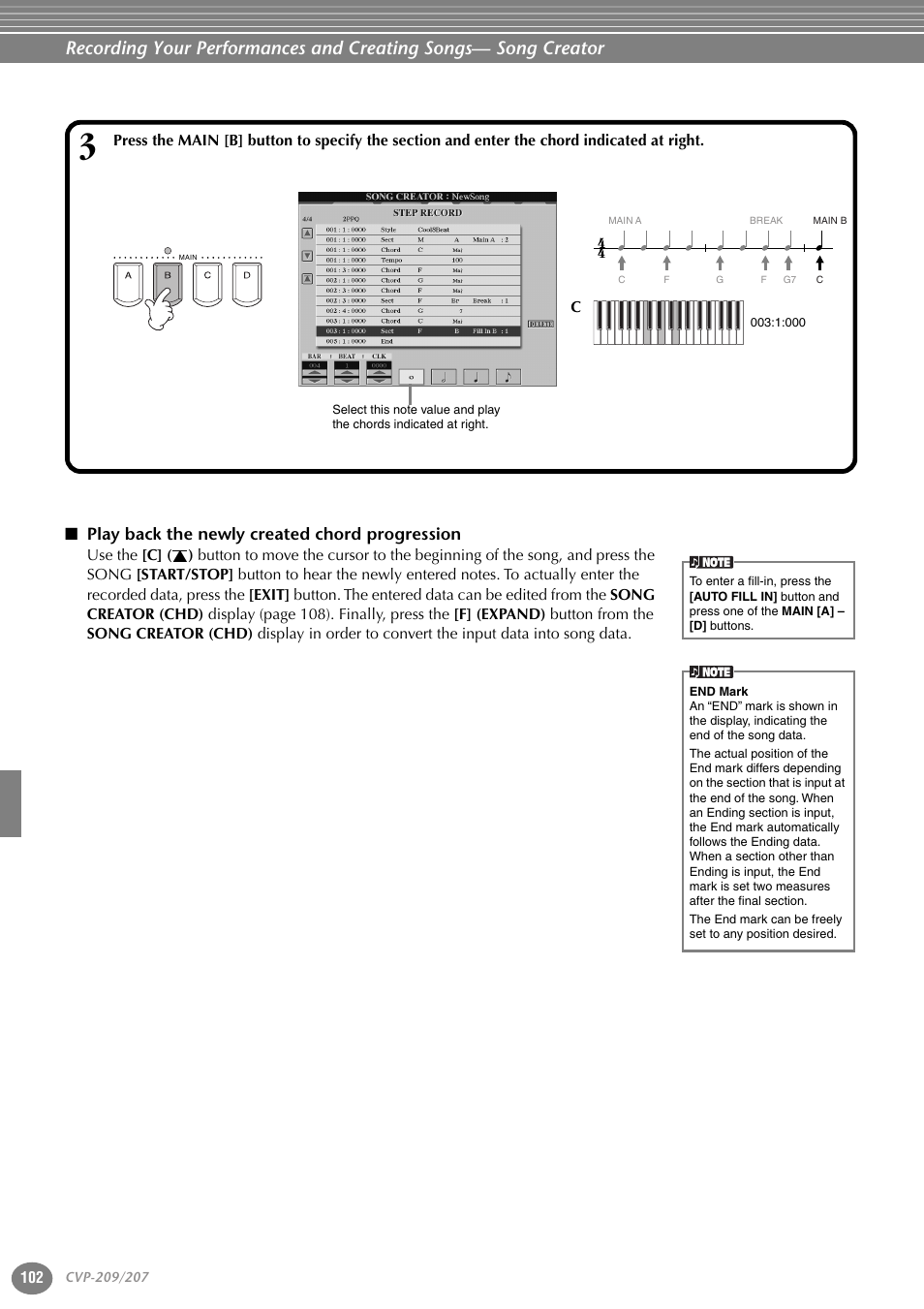 Play back the newly created chord progression | Yamaha CVP-207  EN User Manual | Page 102 / 176