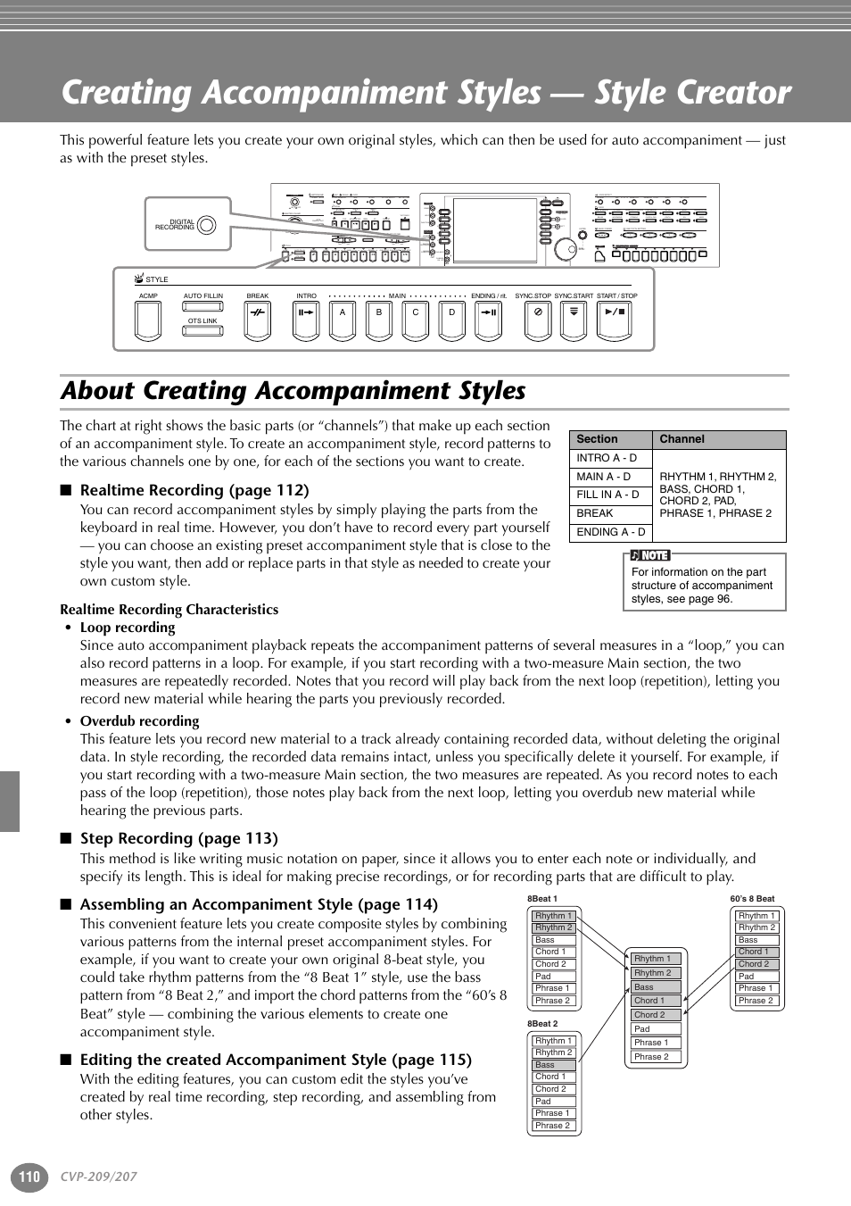Creating accompaniment styles — style creator, About creating accompaniment styles, Realtime recording (page 112) | Step recording (page 113), Assembling an accompaniment style (page 114), Editing the created accompaniment style (page 115) | Yamaha CVP-207  EN User Manual | Page 110 / 176