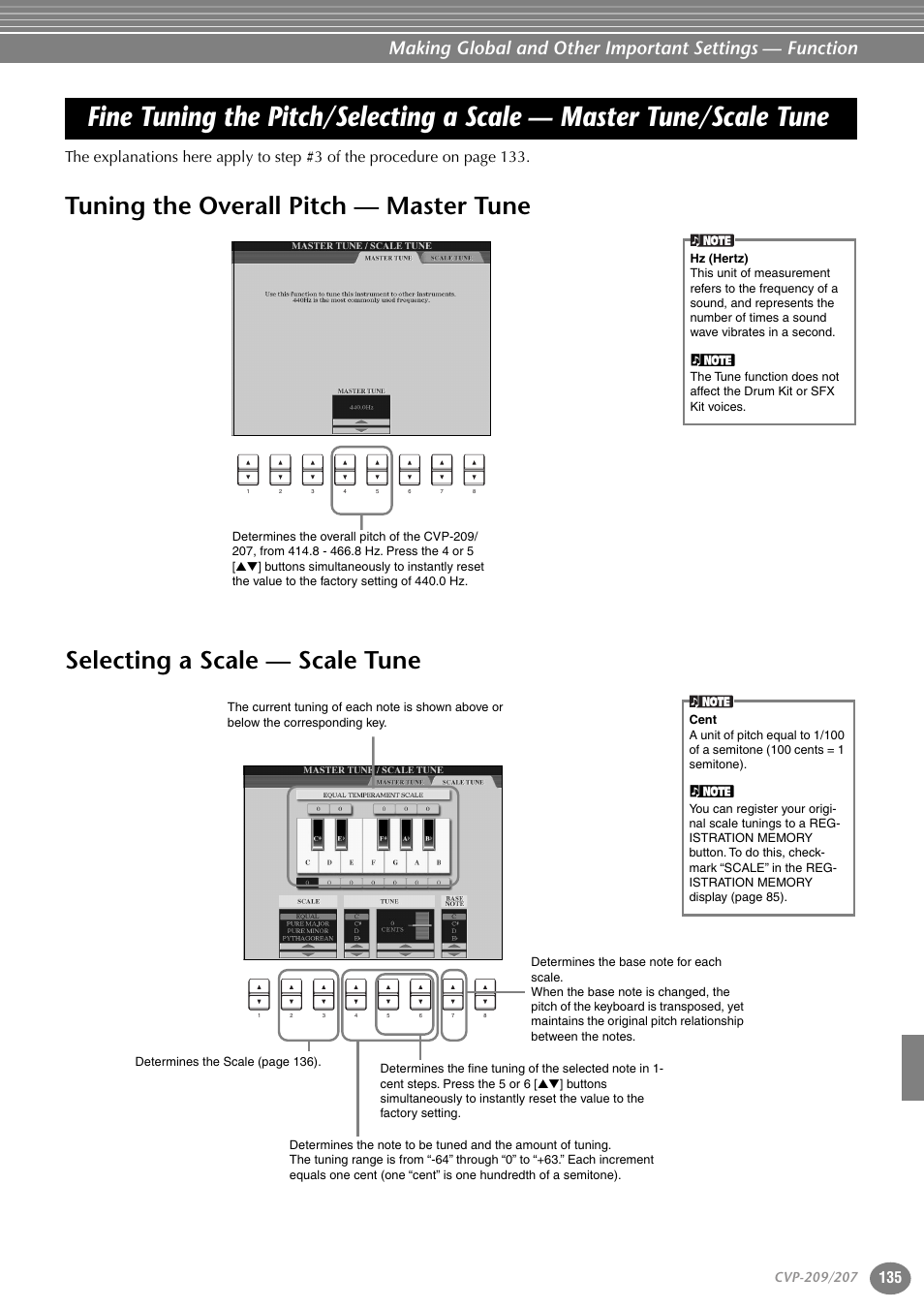 Tuning the overall pitch — master tune, Selecting a scale — scale tune, Fine tuning the pitch/selecting a scale | Master tune/scale tune | Yamaha CVP-207  EN User Manual | Page 135 / 176