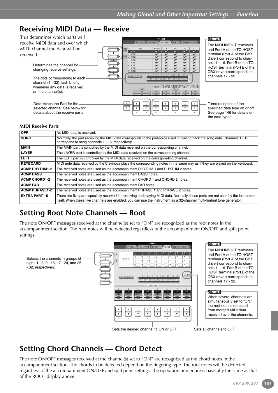 Receiving midi data — receive, Setting root note channels — root, Setting chord channels — chord detect | Midi receive parts | Yamaha CVP-207  EN User Manual | Page 147 / 176