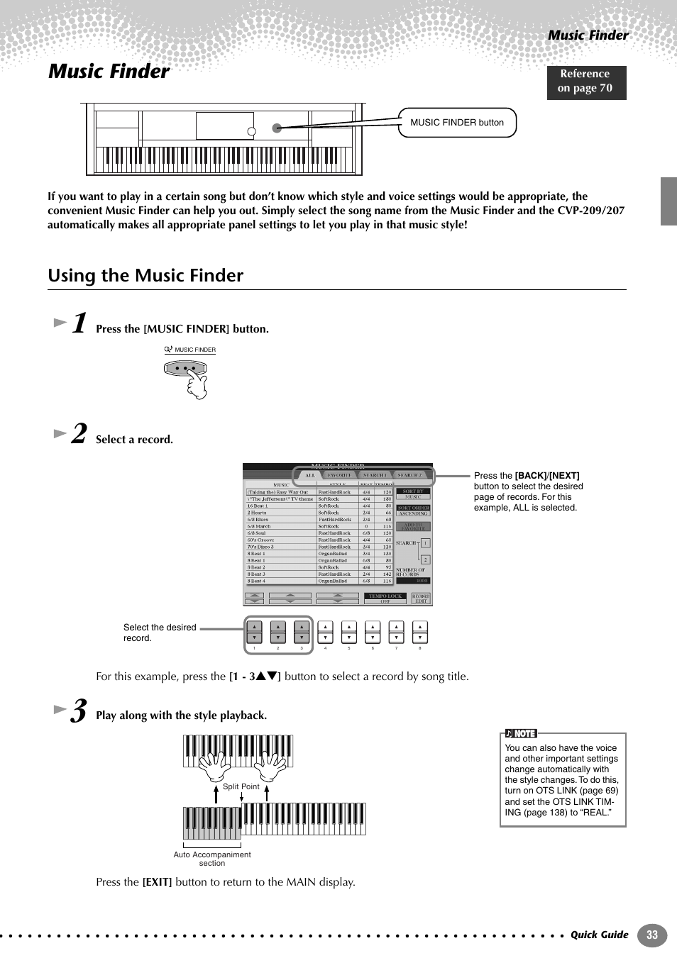 Music finder, Using the music finder | Yamaha CVP-207  EN User Manual | Page 33 / 176