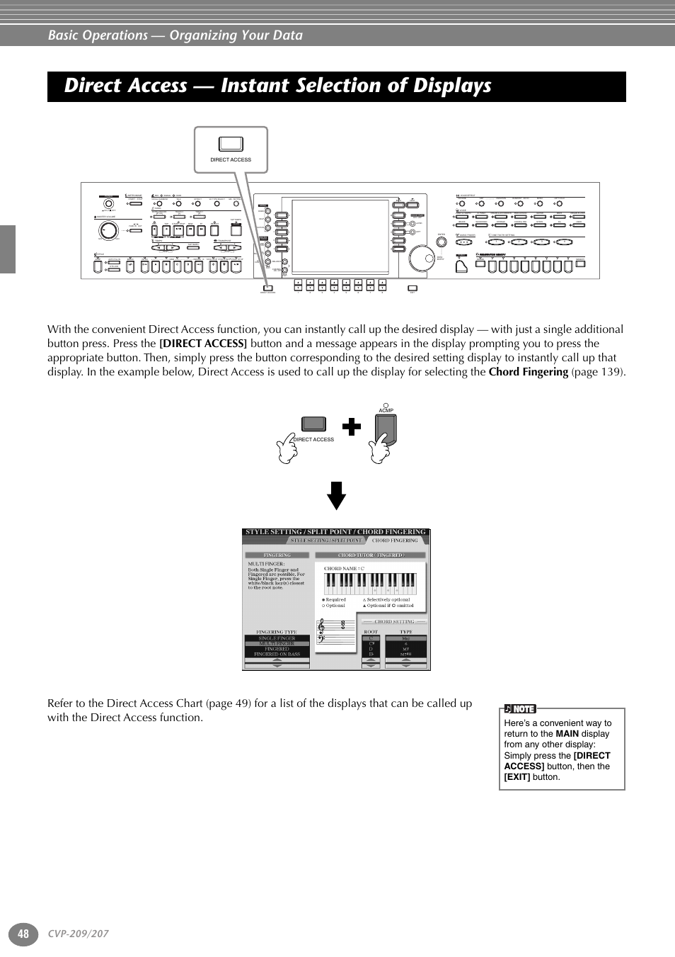 Direct access — instant selection of displays, P. 48, Basic operations — organizing your data | Direct access acmp direct access | Yamaha CVP-207  EN User Manual | Page 48 / 176