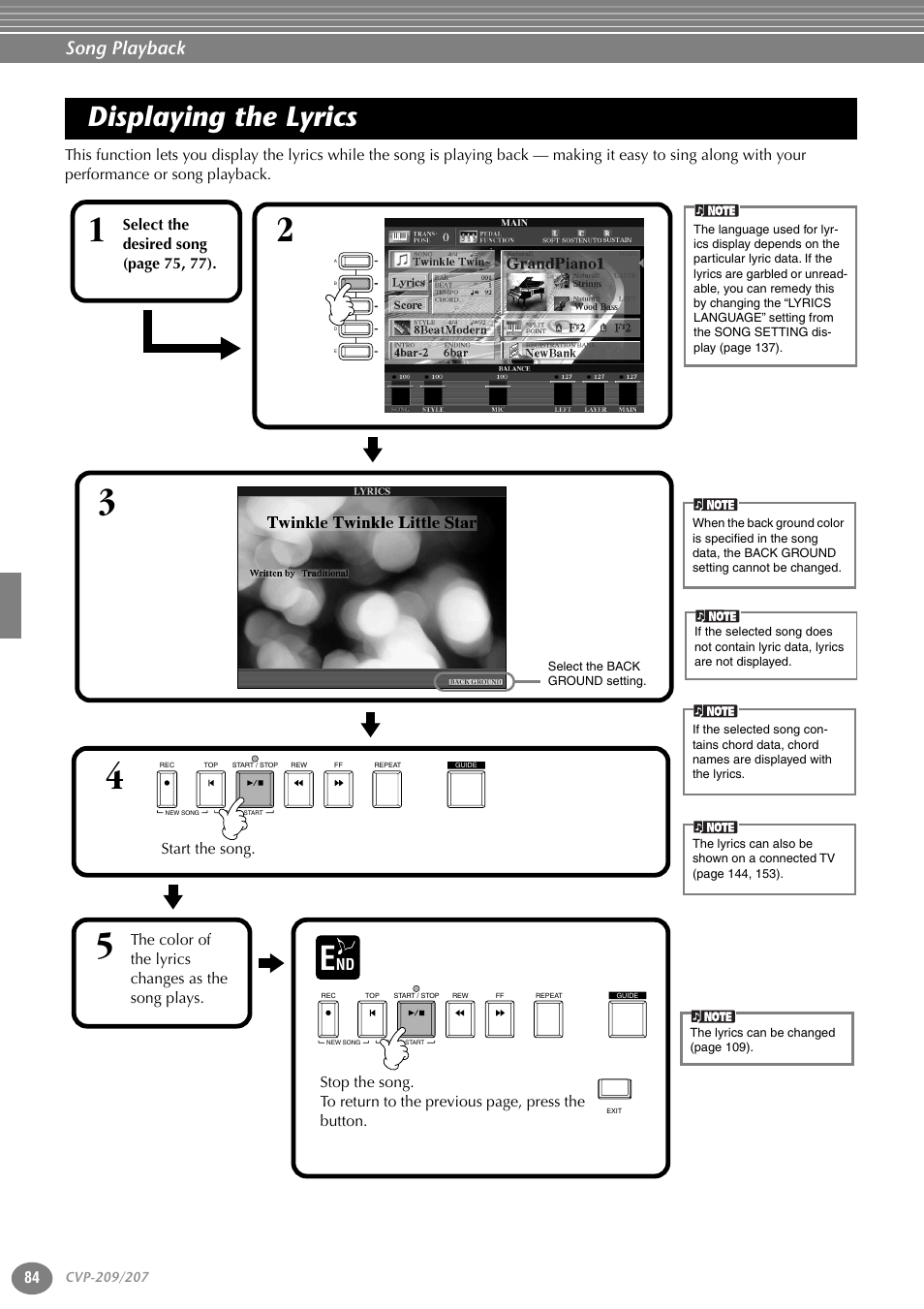 Displaying the lyrics, Song playback | Yamaha CVP-207  EN User Manual | Page 84 / 176