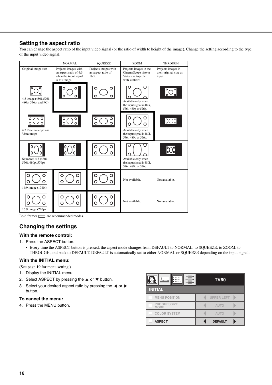 Setting the aspect ratio, Changing the settings, Setting the aspect ratio changing the settings | Yamaha DPX-530 User Manual | Page 20 / 42