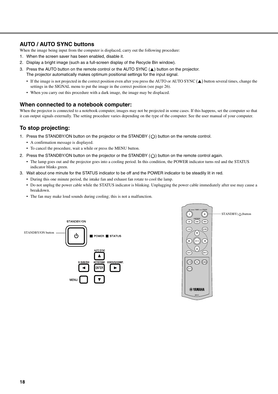 Auto / auto sync buttons, When connected to a notebook computer, To stop projecting | Yamaha DPX-530 User Manual | Page 22 / 42