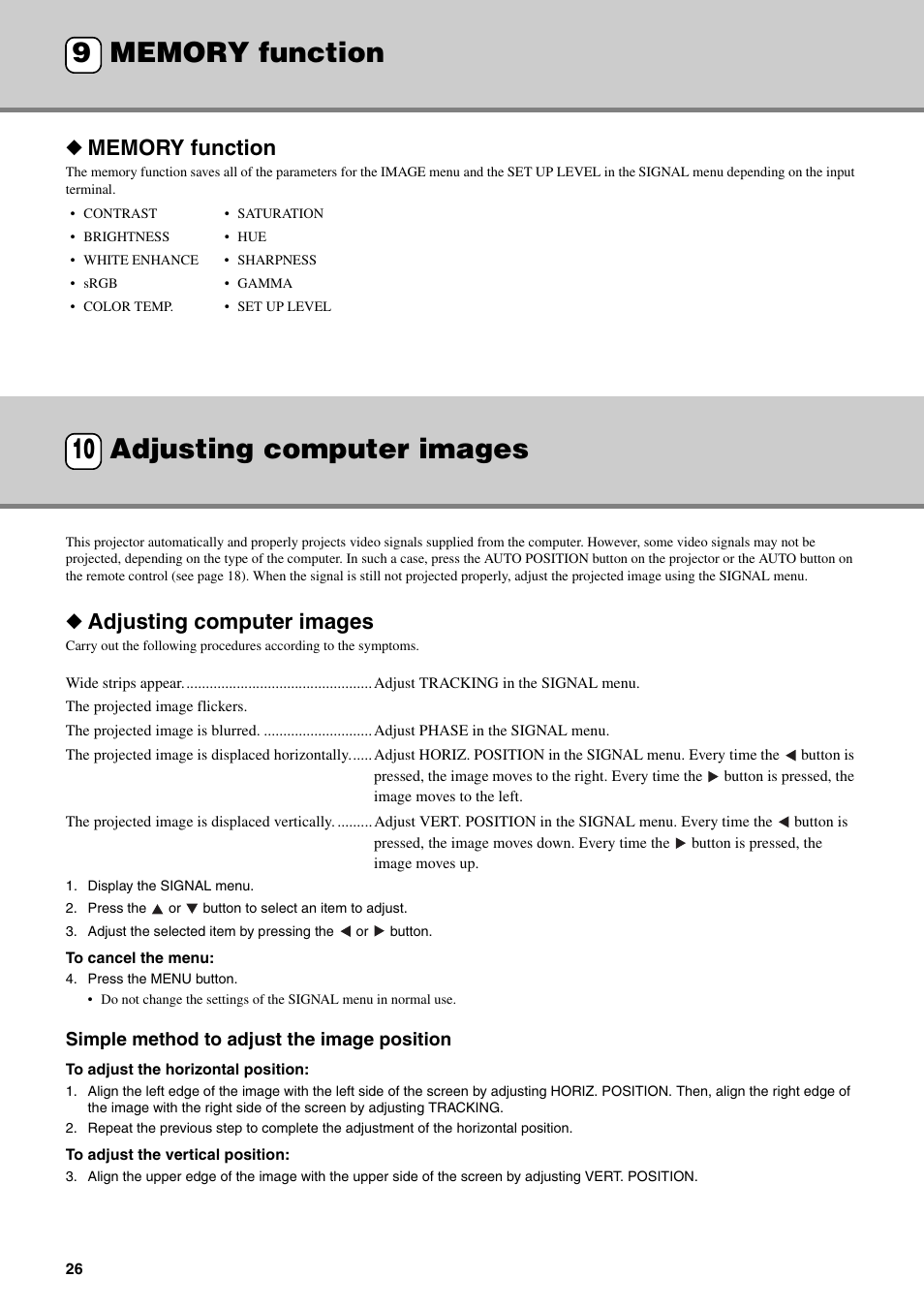 Memory function, Adjusting computer images, Simple method to adjust the image position | 10 adjusting computer images, 11 ceiling installation | Yamaha DPX-530 User Manual | Page 30 / 42