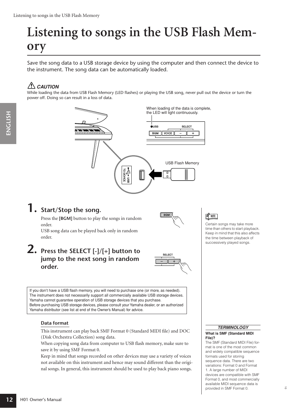 Listening to songs in the usb flash memory, Listening to songs in the usb flash mem- ory | Yamaha H01 User Manual | Page 12 / 30