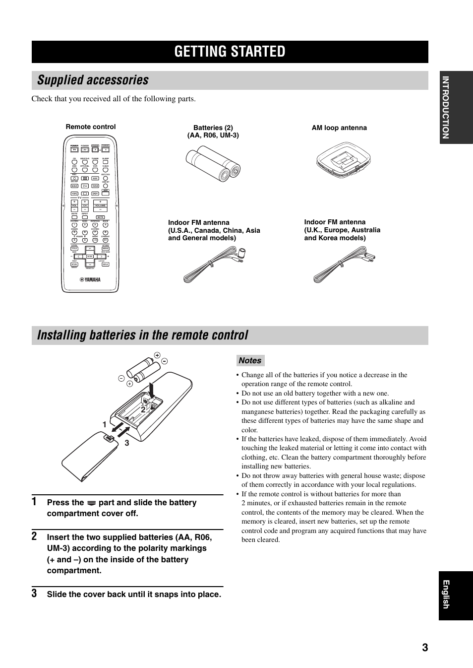 Getting started, Supplied accessories, Installing batteries in the remote control | Slide the cover back until it snaps into place | Yamaha RX-V359 User Manual | Page 7 / 74