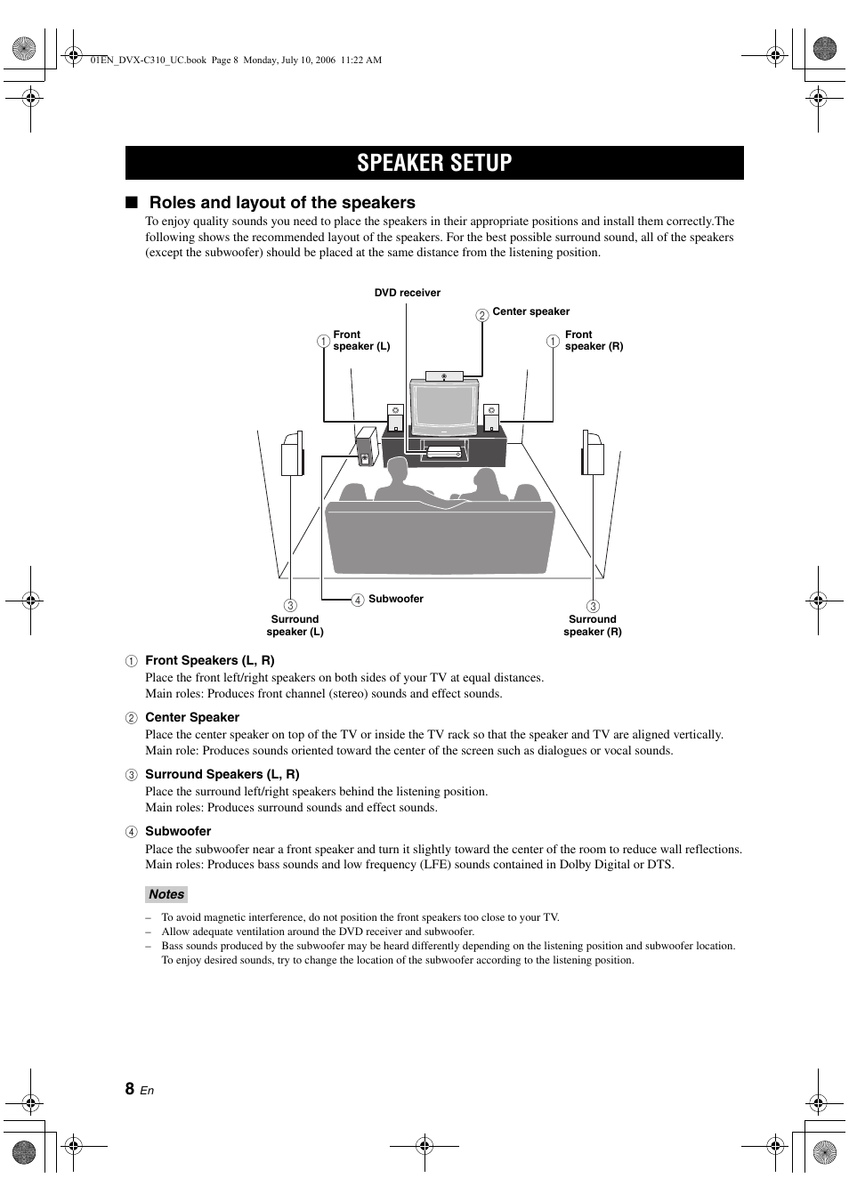 Speaker setup, Roles and layout of the speakers | Yamaha DVX-C310SW User Manual | Page 12 / 60