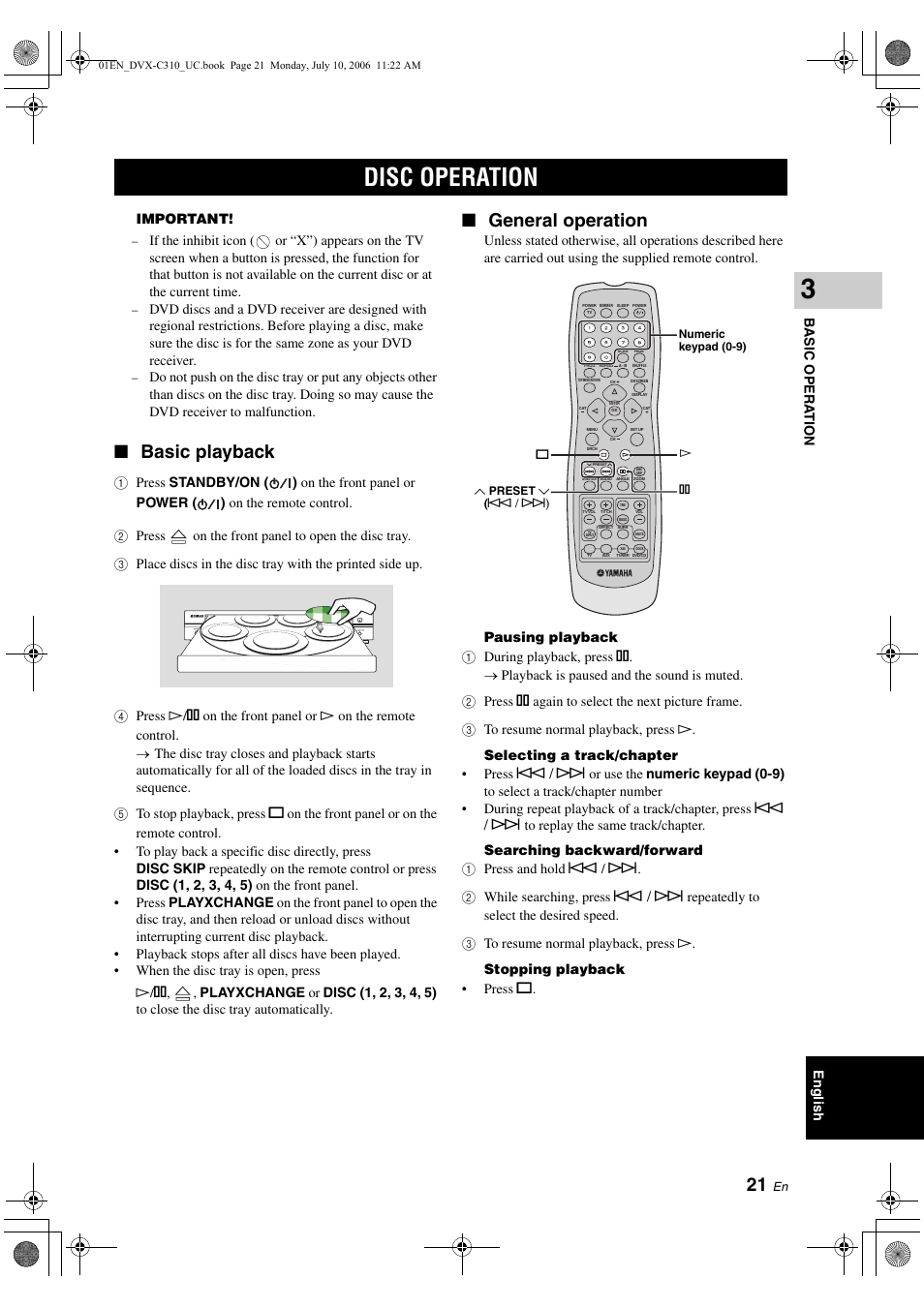 Disc operation, Basic playback, General operation | Basic playback general operation, English b a sic opera t ion, Important | Yamaha DVX-C310SW User Manual | Page 25 / 60