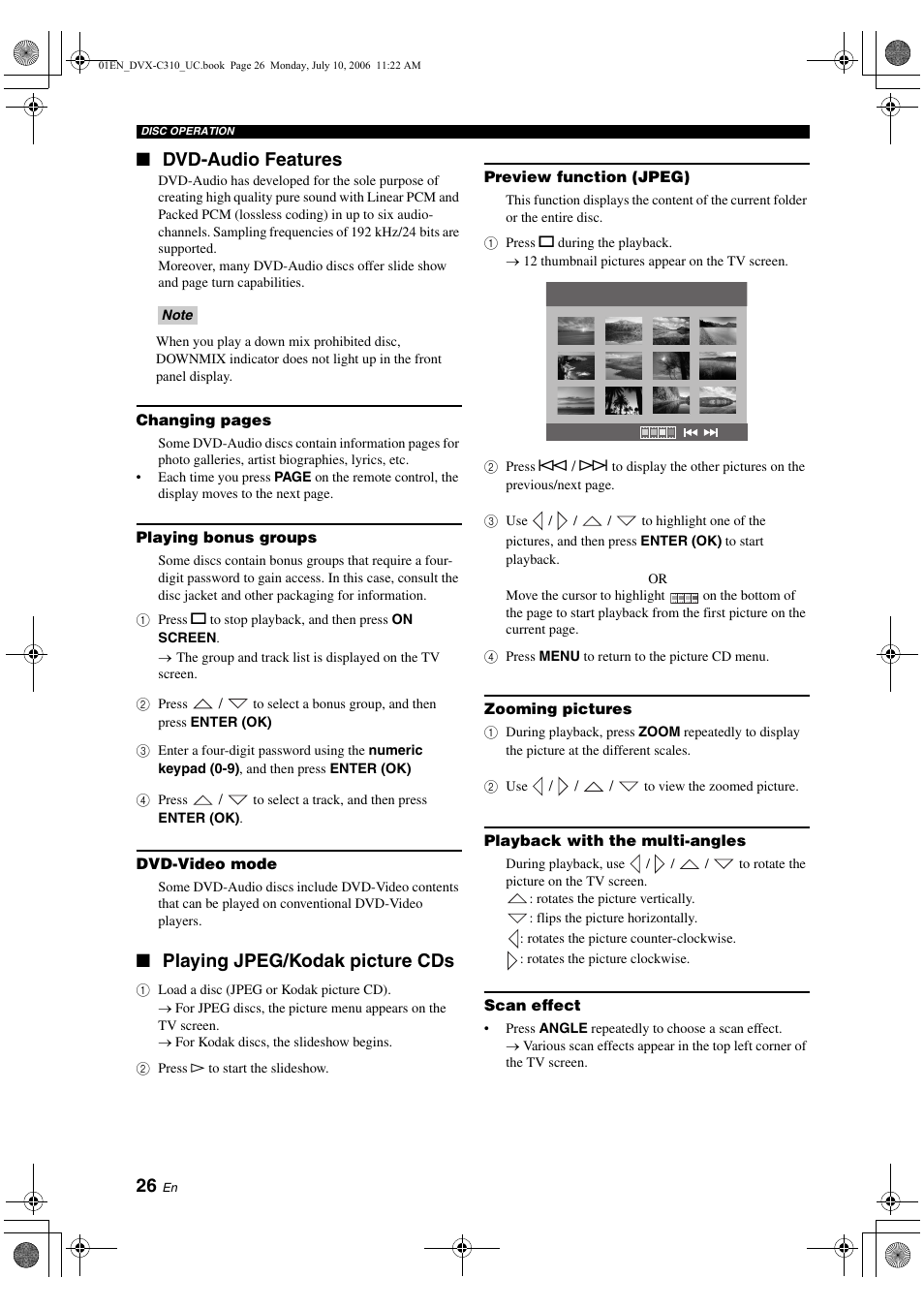 Dvd-audio features, Playing bonus groups, Dvd-video mode | Playing jpeg/kodak picture cds, Preview function (jpeg), Zooming pictures, Playback with the multi-angles, Scan effect, Dvd-audio features playing jpeg/kodak picture cds | Yamaha DVX-C310SW User Manual | Page 30 / 60