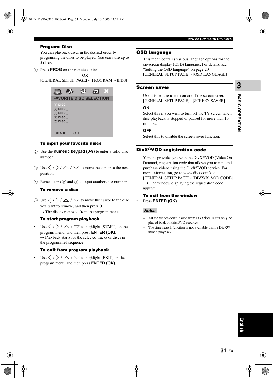 Osd language, Screen saver, Divx®vod registration code | Yamaha DVX-C310SW User Manual | Page 35 / 60