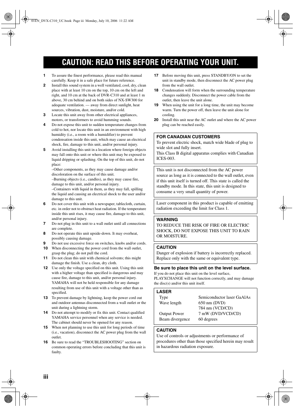 English, Caution: read this before operating your unit | Yamaha DVX-C310SW User Manual | Page 4 / 60