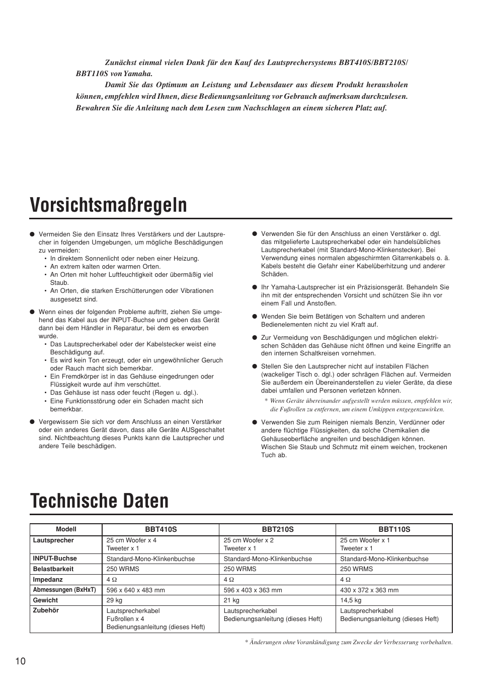 Bedienungsanleitung, Vorsichtsmaßregeln, Technische daten | Yamaha BBT110S User Manual | Page 10 / 18
