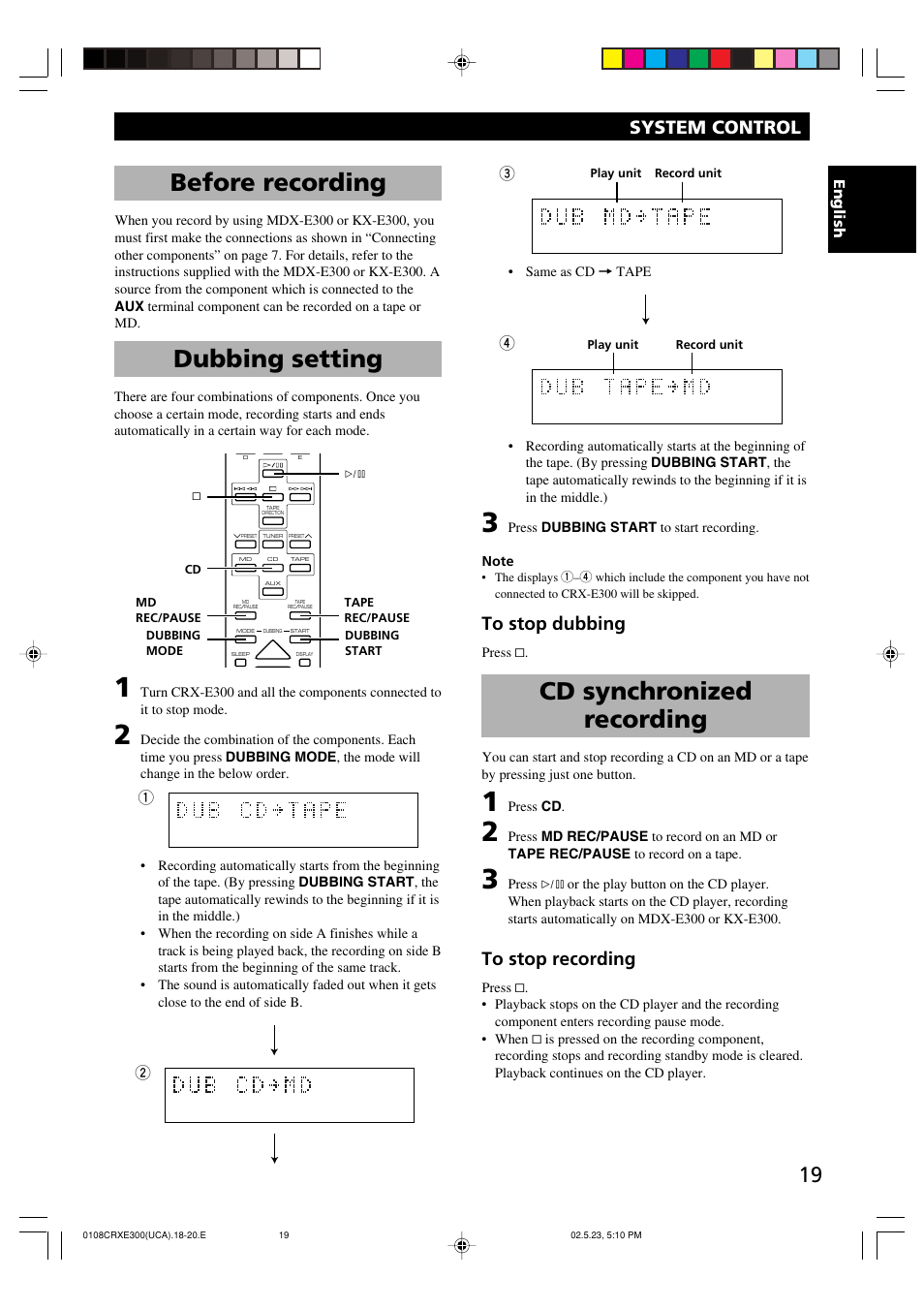 Before recording, Dubbing setting, Cd synchronized recording | System control | Yamaha CRX-E300 User Manual | Page 23 / 28